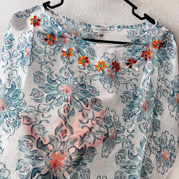 Modaposa Womens Floral Embellished Tunic Top Blue White 100% Polyester - Picture 4 of 9